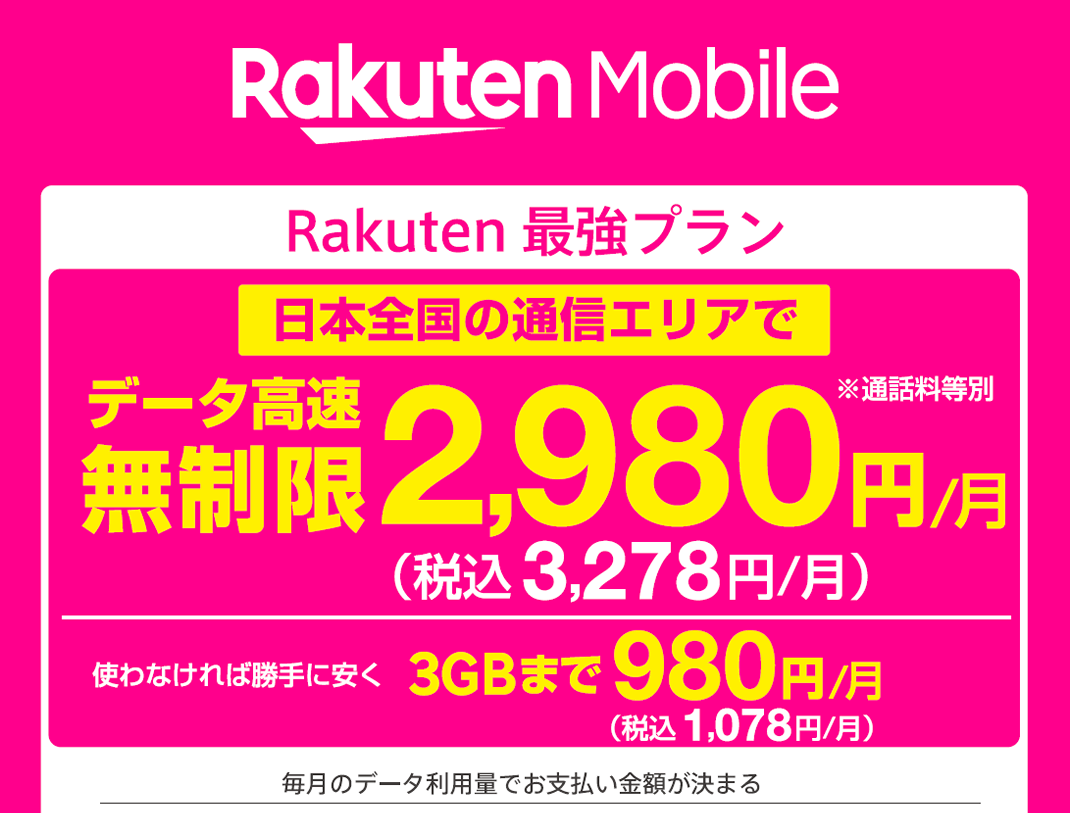 データ3GBまで1,078円！楽天回線エリアはデータ無制限 3,278円/月！Rakuten Linkアプリの使用で国内通話かけ放題。